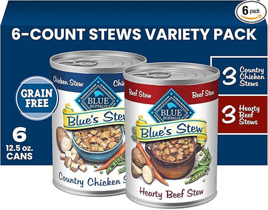 Blue Buffalo Blue’s Stew Variety Pack Hearty Beef & Country Chicken Stew Natural Grain Free Wet Dog Food with Real Meat in Thick Savory Gravy, Natural Ingredients, 12.5-oz Cans (6 Count)