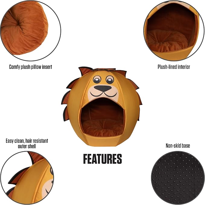 Maccabi Art Lion Theme Dog Bed - Cute Igloo Style Pet Bet - Fits Medium Dogs, Puppies, Cats - Pillow Insert with Plush Lined Interrior, Non-Slip Igloo Design - 25 x 25 x 22