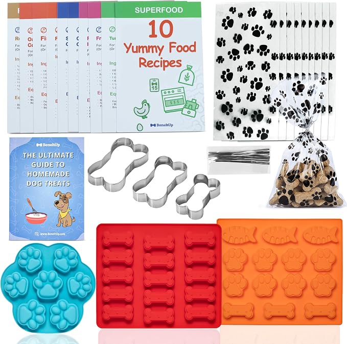 BoneItUp Dog Treat Making Kit – All-in-One DIY Cookie Set with Reusable 3 Silicone Dog Treat Molds, 3 Cutters, 10 Recipes & Gift Bags – Make Healthy Homemade Treats for Dogs, XL Kit for Big Dogs