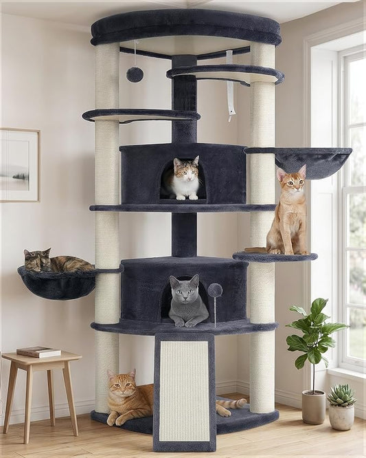 Gitelsnour Corner Cat Tree for Indoor Cats, Cat Tower with All Sisal Scratching Posts, Multi-Level Cat Condo wth 2 Large Cat Caves, Big Top Perch, 2 Hanging Baskets, Sisal Ramp, Drak Gray GCT035G