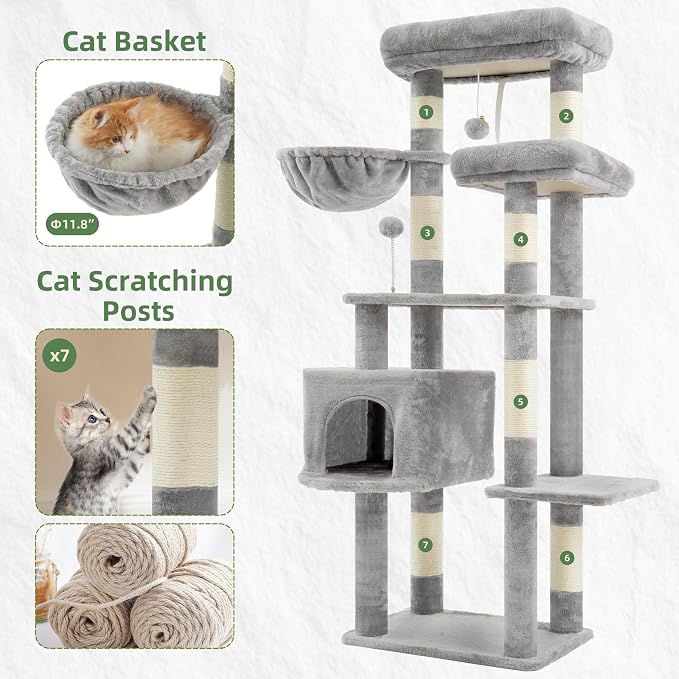 Gitelsnour Cat Tree for Indoor Cats, 55.1 inch Cat Tower with 7 Sisal Scratching Posts, Multi-level Cat Condo wit Large Play Platform Furry Ball, Cat Cave, 2 Padded Perches, Basket, Light Gray GCT013W