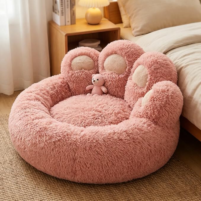 Cat Paw Shaped Cat Bed, Long Plush Calming Cat Bed for Indoor Cats, Washable Pet Bed with Anti-Slip Bottom, Soft Cozy Bed for Small Medium Large Cats & Dogs (Pink, Medium)