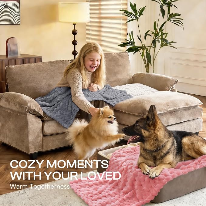 Luciphia 300GSM Fleece Dog Blanket for Small Medium Large Dogs 3D Jacquard 1 Pack 3 Flannel Puppy Cat Pet Throw Blankets Soft Washable Decorative Furniture Protect Pcs3-Grey/White/Pink, L(41''x31'')