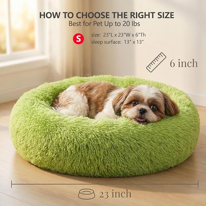 Calming Donut Dogs Beds for Small Dogs Washable,23inch Plush Round Pet Bed for Cozy Sleep,Fluffy Faux Fur Large Cat Bed,Fits up to 25 lbs Pets,Green