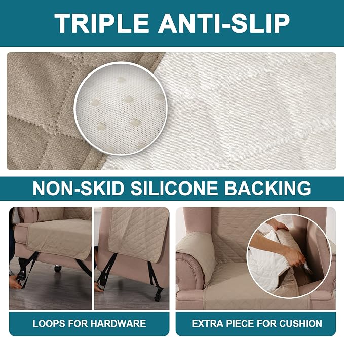 Turquoize 100% Waterproof Wing Chair Cover Wing Armchair Slipcovers Chair Couch Protector Triple Non-Slip Sofa Slipcover for Wing Chair Furniture Protector for Pets, Kids,Dog (Wing Chair, Khaki)