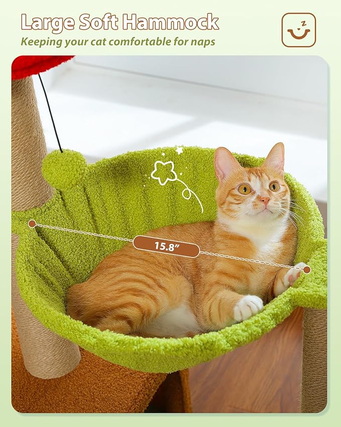 MUTTROS Flower Cat Tree with Sisal Scratching Posts, 35" Cute Cat Tower with Large Green Hammock for Small Indoor Cats, Cat Condo with Removable Flower Bed for Kittens, Brown