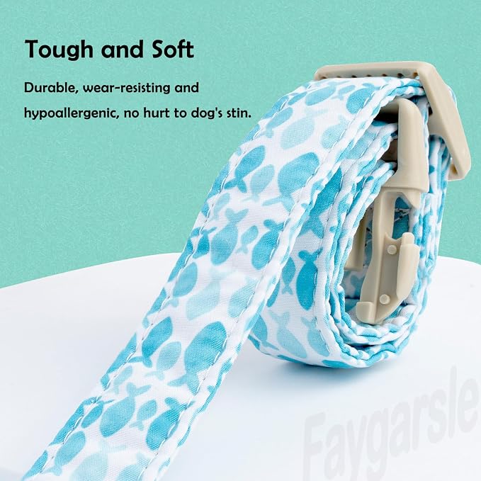 Faygarsle Fish Pattern Dog Collar, Adjustable with Buckle, Blue and White, Summer Design for Small Medium Large Dogs L