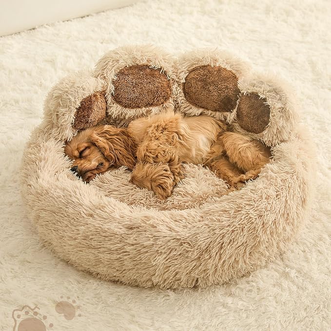 Jiupety Paw Shape Calming Pet Bed, Plush Faux Fur Donut Bed for Dogs & Cats, Machine Washable, Non-Slip Bottom, Large Size (26"×26"×8"), Camel