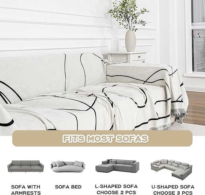 MEETSKY Couch Cover Sofa Covers Washable Simple Modern Black Jacquard Sofa Slipcover for 3 Cushion Couch Covers, Chenille Couch Cushion Covers for Dogs Kids Easy Install, 91" x 134", Black Curve