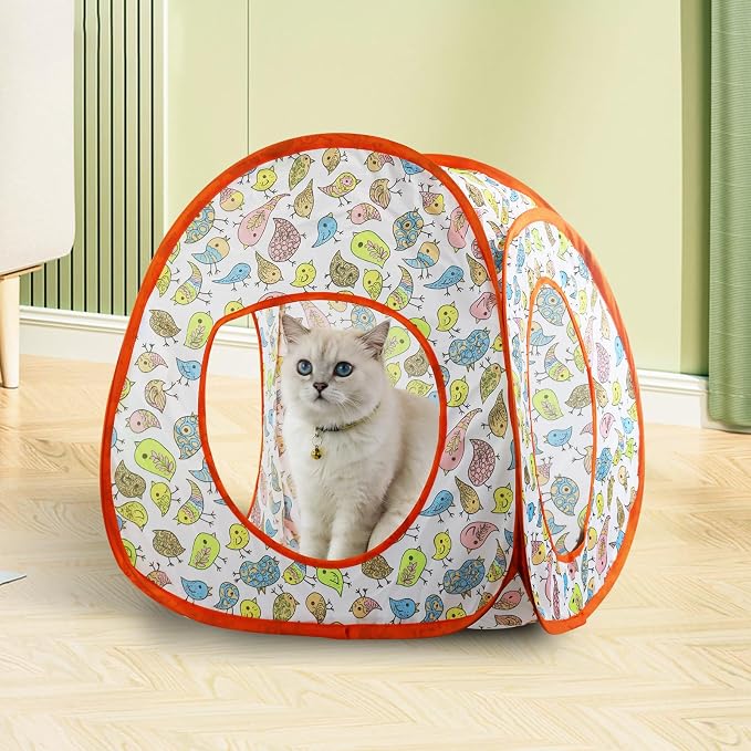 Andiker Cat Tent, 3 Holes Safe and Strong Cute Cats Tunnel Collapsible Easy to Carry Cat House for Indoor Cats Kittens Hiding Playing Training Sleeping (Tent Bird)