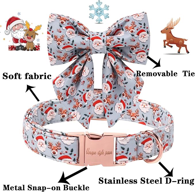 Unique Style Paws Christmas Dog Collar with Bowtie Elk Christmas Man Cotton Puppy Collars for Small Medium Large Dogs