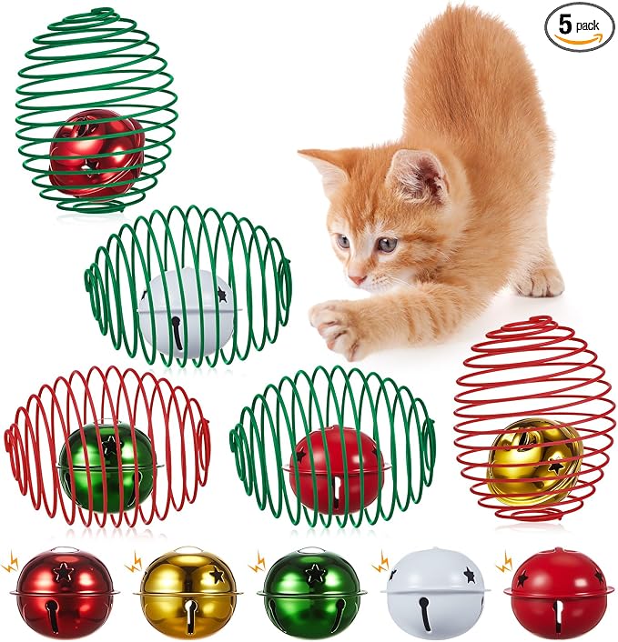 Jecery 5 Pcs Cat Spring Balls Toys Stretchable Rolling Balls Colorful Playful Coils Interactive Action Toy Caged Rats for Kitten Pet Supplies (Bell,Christmas Colors)