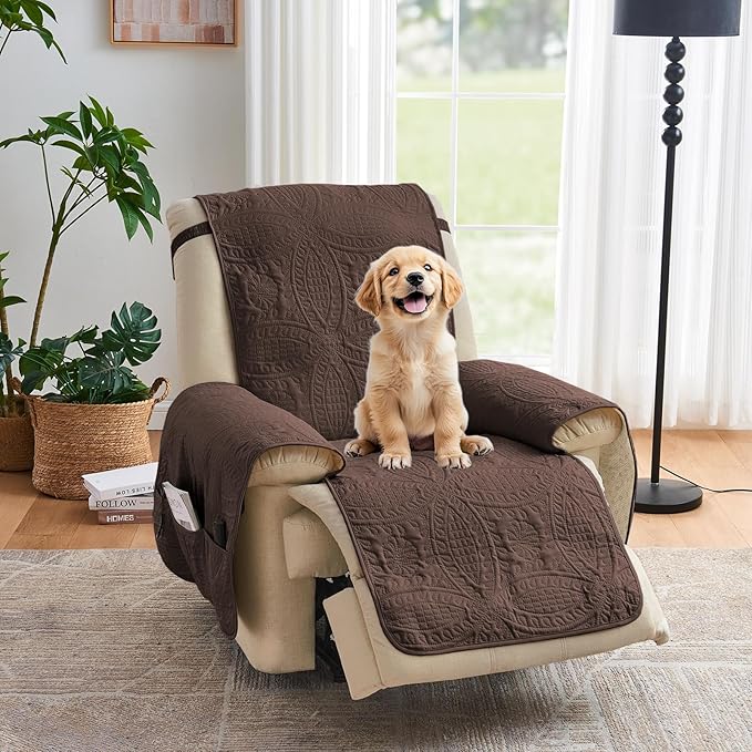 Large Brown Recliner Chair Covers, Quilted Décor Water-Repellent Lazy Boy Chair Covers, Pet Friendly Large Recliner Cover for Dogs Cats, Washable Couch Cover (Recliner 30", Chocolate)