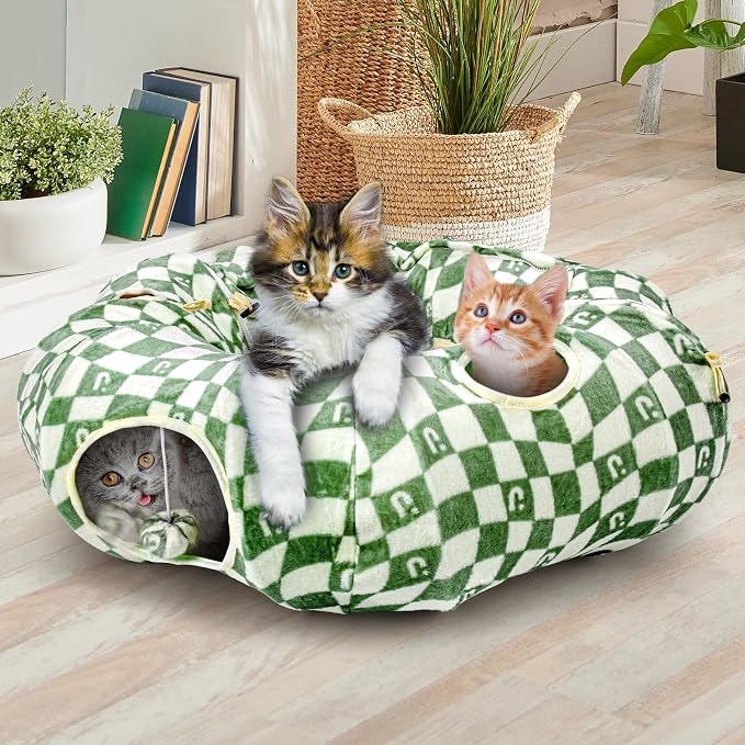 Cat Bed and Tunnel Toy - Cat Donut with Straight Tunnel, Washable Cushion, 4 Hanging Balls, 6 Peek Holes, Collapsible, Green