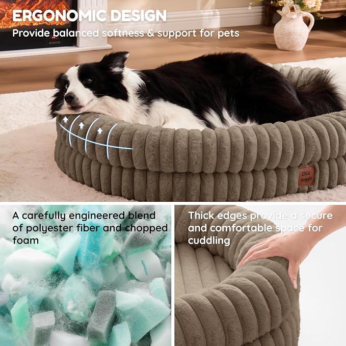 ChiXnuggle Orthopedic Dog Bed for XL Dogs, Waterproof Faux Rabbit Fur Dog Couch with Egg Crate Foam Support and Washable Removable Cover, Bolster Pet Sofa with Non-Slip Bottom, 41x30x7, Taupe