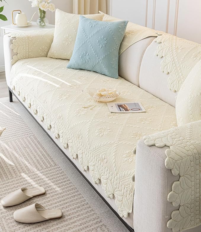 Cotton Quilted Dog Couch Cover for Sofa Farmhouse Rustic Embroidery Sectional Couch Cover Soft Anti-Slip Sofa Slipcover Furniture Protector for Kids, Pets (Ivory,43"x63")