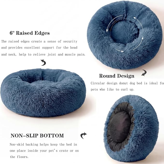 Calming Donut Dogs Beds for Small Dogs Washable,19inch Fluffy Round Puppy Bed for Puppies,Cats & Toy Breeds with Raised Rim,Fits up to 15 lbs Pets,Navy Blue