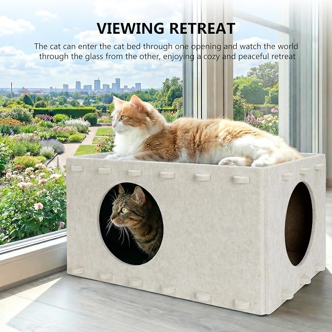Cat House for Indoor Cats, Scratch Resistance Cat Cave Bed, Felt Peekaboo Cat Hideaway for Large & Multiple Cats Up to 22Lbs, Cream