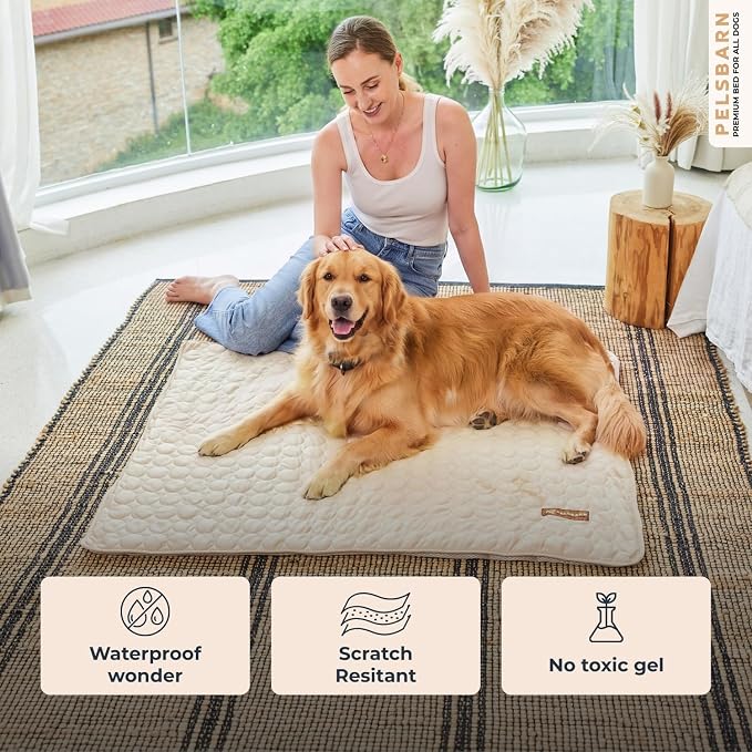 Pelsbarn Dog Cooling Mat- Ice Silk Summer Comfort, Self Cooling, Non-Slip Dog Pad, Durable & Washable, Mat for Extra Large Dogs 33 x 45, Support Shelter Dogs with Every Purchase (Beige)