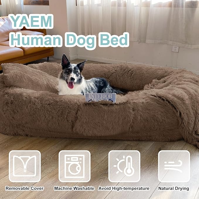 YAEM Human Dog Bed for Adult and Pets - 71"x45"x12" Dogs Beds for Humans with Washable Faux Fur Cover, Plump Pillow, Blanket, Orthopedic Design, Strap-Khaki