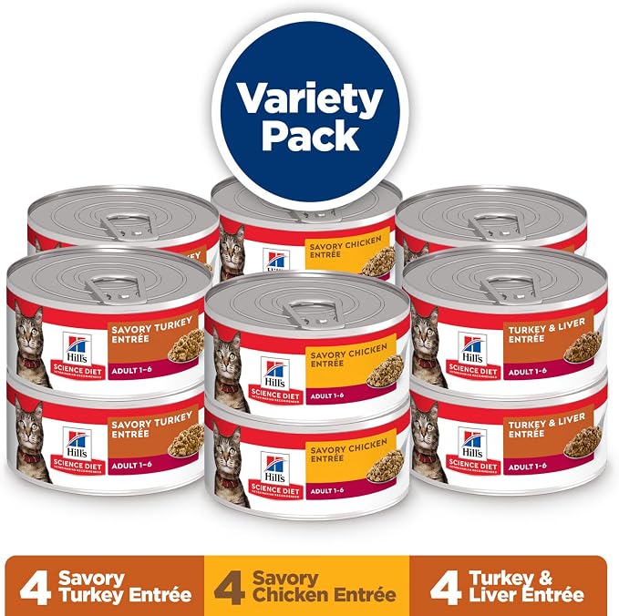 Hill's Science Diet Adult 1-6 Wet Cat Food Variety Pack, Savory Entrée Turkey & Liver, Chicken, and Turkey, 5.5 oz. Cans, 12-Pack