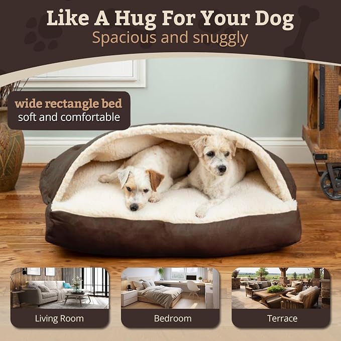 Snoozer Rectangle Cozy Cave Dog Bed - Indoor Dog Bed with Cover Cave, Covered Calming Burrow for Large Sized Pets with Blanket Attached, Enclosed, Washable Cover - XL, Hot Fudge