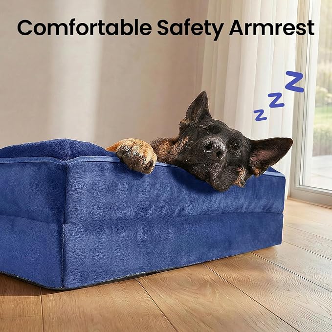 OhGeni Orthopedic Dog Bed Couch Big Cat Sofa for Extra Large Sized Pets with Memory Foam, Machine-Washable Waterproof Removable Cover, Soft Comfortable Fabric, 44-inch (Blue)