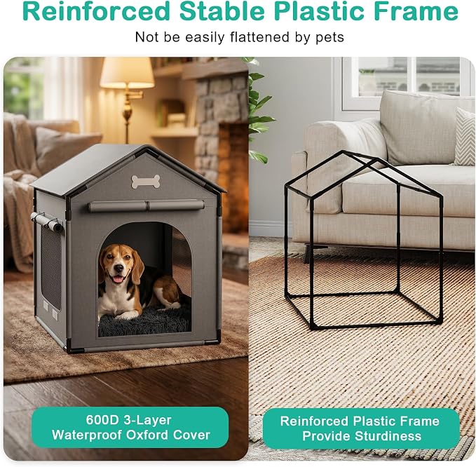 Dog House Indoor Outdoor Dog Kennel with Cushion for Small Medium Dogs Cats, Cozy Cooling Cat Nest Puppy Cave Sofa Pet Products Easy Assembly Grey, L w/Door Curtain: 27.6" L x 21.3" W x 26.8" H