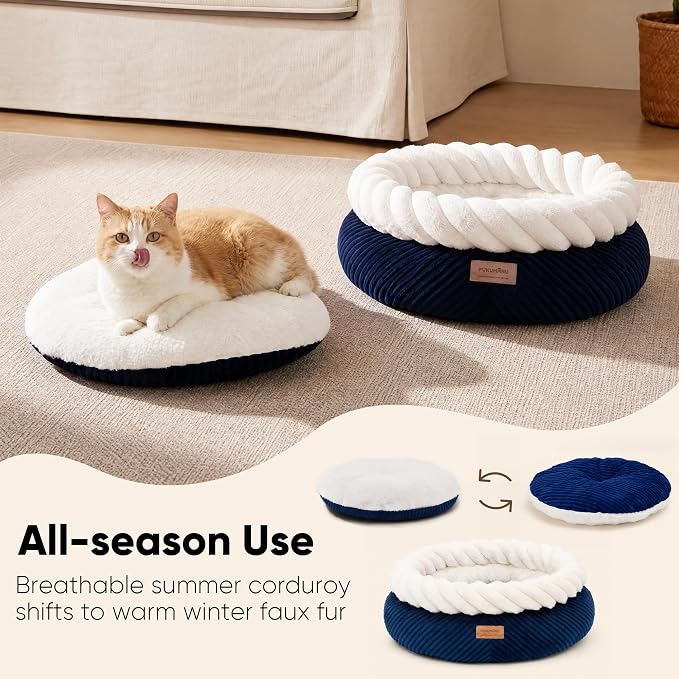 FUKUMARU Cat Bed, Calming Donut Dog Beds, Plush Faux Fur&Corduroy Kitten Beds, Cute Round Washable Pet Bed for Large Cats and Puppy, Cat Cave with Anti-Slip Bottom, 21inch, Blue