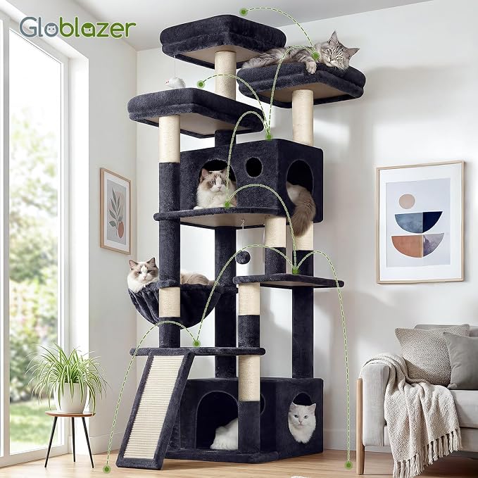 Globlazer Heavy Duty Cat Tree, 73inch Sturdy Cat Tower with Scratching Post for Indoor Multiple Cats, Maine Coon Cat Tree with Cat Perch, Basket, Cat Condo for Adult Cats Kittens, F73C, Dark Grey