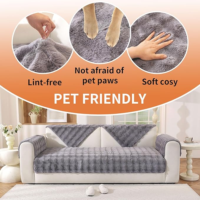 Waterproof Dog Bed Cover Non Slip Couch Covers for Dogs Washable Soft Faux Fur Sofa Cover Couch Covers for 3 Cushion Couch Sofa Pet Friendly (Grey)