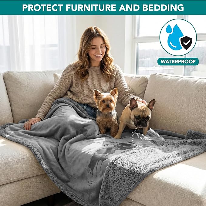 PetAmi Waterproof Dog Blanket for Couch, Large 60x40, Pee Proof Sherpa Fleece Reversible Pet Throw, Furniture Protector for Bed Sofa Kennel, Soft Washable Cover for Medium Dogs Cats, Light Grey