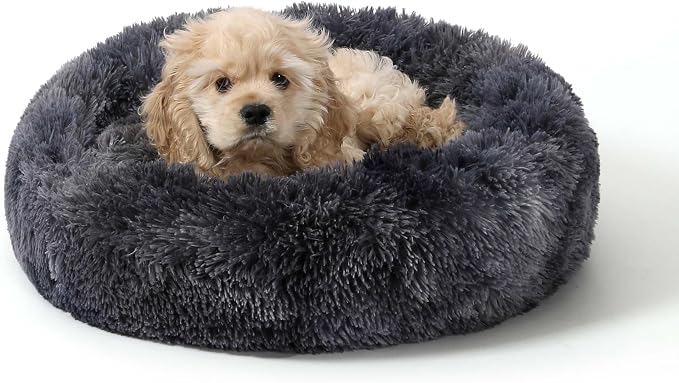 NOYAL Calming Donut Dog Bed for Small to Medium Dogs & Cats - Plush Faux Fur Anti-Anxiety Pet Bed with Machine Washable Cover & Non-Slip Base