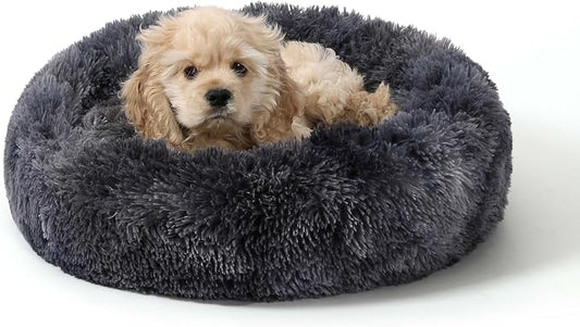 NOYAL Calming Donut Dog Bed for Small to Medium Dogs & Cats - Plush Faux Fur Anti-Anxiety Pet Bed with Machine Washable Cover & Non-Slip Base