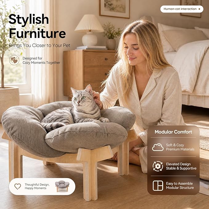 JUNSPOW Elevated Cat Bed for Indoor & Outdoor Cats, Removable Soft Cushion with Wooden Stand, Suitable and Comfortable Pet Bed for Kitty and Puppy, Holds Up to 40lbs with Ease