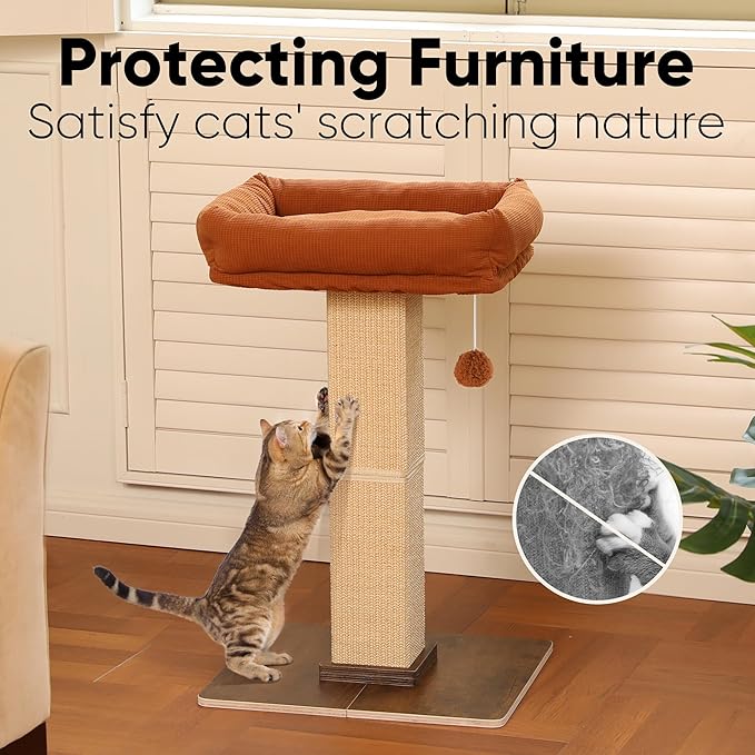 FUKUMARU Cat Scratching Post, Retro-Style Tall Scratch Posts with Perch for Indoor Cats Adults, Large Cat Scratcher Tower with Bed, Natural Sisal & Solid Wood