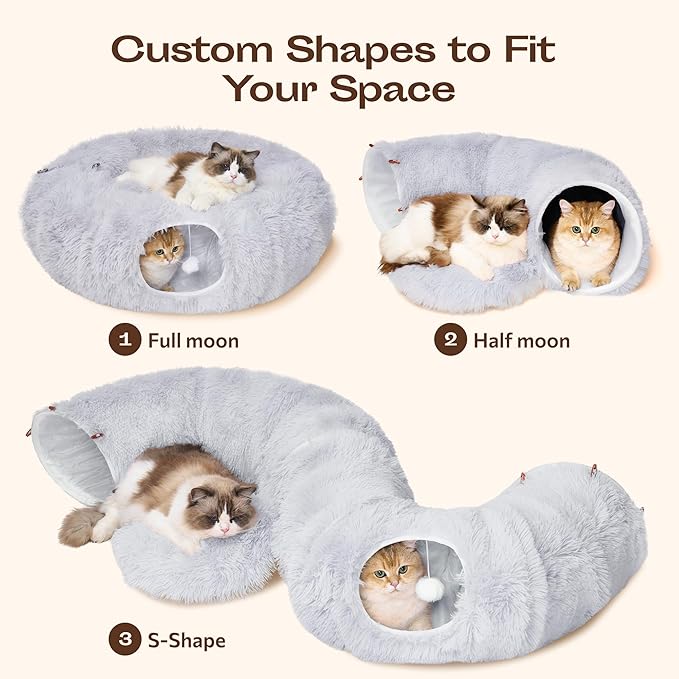 MEOWFIA Indoor Cat Tunnel with Donut Bed - Large Flexible Play Space for Multiple Pets - Circle or Snake Shape, Cozy Lounge (Gray)