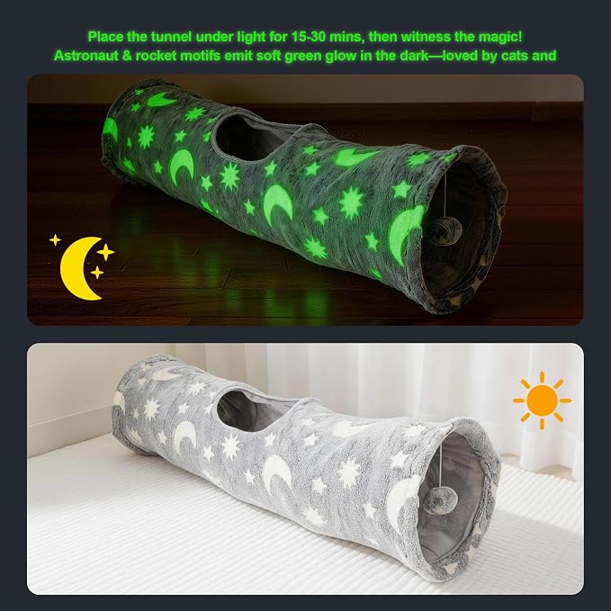 PAWISE Cat Tunnel for Indoor Cats, Glow in Dark Cat Tunnels with Cube Pop-Up, 3-Way Collapsible Cat Play Tunnel Toy for Cats Kittens Rabbits, with Hanging Ball & Bell