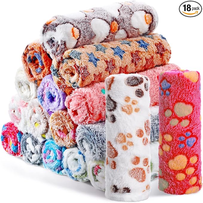 Chumia 18 Pcs Fleece Puppy Blanket Bulk, Soft Warm Pet Blanket with Paw Bone Star Elephant Dot Heart Printed Fluffy Throw Bed Mat for Small Medium Dog Cat Kitten Animals(23 x 16 Inch, Sweet)