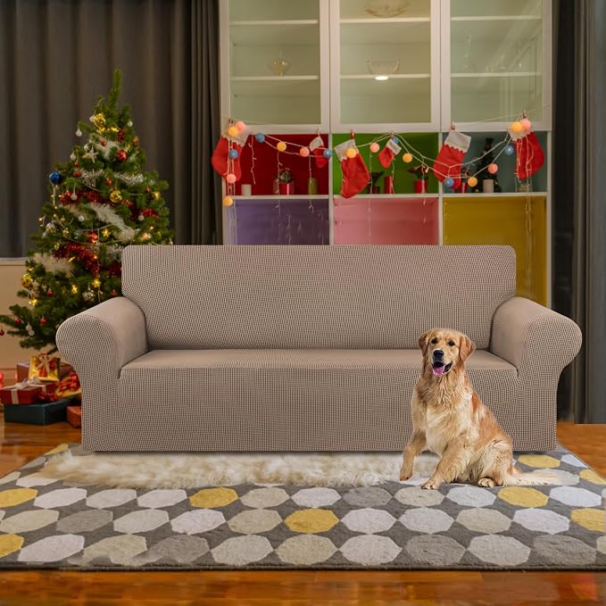 KEKUOU Stretch Sofa Cover Slipcover ，Couch Covers for 3 Cushion Couch Sofa pet Friendly (78"-94") Furniture Protector Sofa with Elastic Bottom for Kids,Dog, Jacquard Small Checked(Large,Camel)