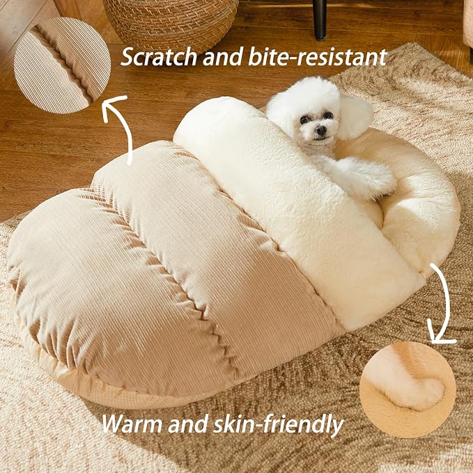Romaneco Bed for Dog and Cat, Pet Bed, Ultra Soft Cute Plush Slipper Cat Cave Bed, Anti Slip Warm Pet House Nest, Self-Warming, Ideal for Indoor Use - Fits up to 25lbs (30"X22", L, Light Brown)