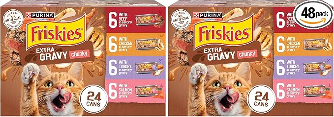 Friskies Purina Extra Gravy Wet Cat Food Chunky Variety Pack (with Chicken,Turkey,Salmon,Beef) - 5.5 oz. Cans,(Pack of 48)