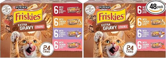 Friskies Purina Extra Gravy Wet Cat Food Chunky Variety Pack (with Chicken,Turkey,Salmon,Beef) - 5.5 oz. Cans,(Pack of 48)