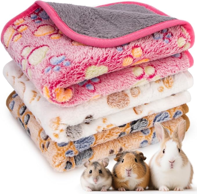 RAINFLOW 3Pcs Guinea Pig Fleece Blanket - Waterproof Washable Pet Cage Liner Pee Pad, Paw Print Absorbent Mat for Small Dog Rabbit Hamster Ferret Chinchilla, 23.6 x 15.7 Inch, 3 Colors