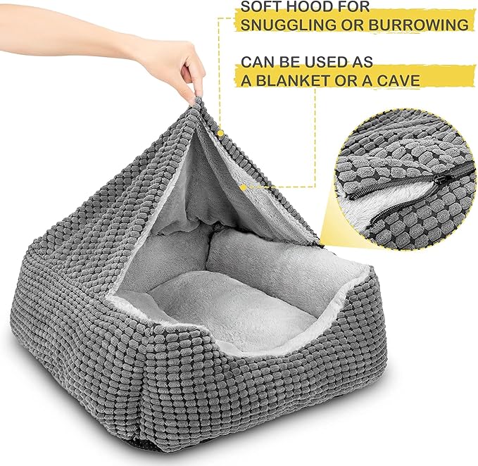 GASUR Dog Beds for Small Dogs with Cover Cave, Cat Beds for Indoor Cats, Rectangle Hooded Dog Puppy Bed with Blanket, Cozy Anti-Anxiety, Anti-Slip Bottom and Machine Washable (20", Grey)