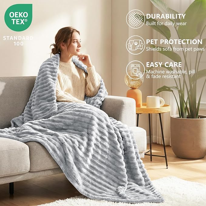 HIMEET Fleece Light Grey Full Size Blanket for Bed - 300GSM Ribbed Soft Cozy Bedding Blanket, New Home Birthday Gifts for Women Men Teens, College Dorm Essentials Bedroom Decor Throws, 84x90 Inches