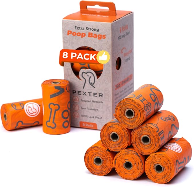 PEXTER Dog Poop Bags Rolls, Poop Bags for Dogs, Leak-Proof & Unscented Dog Waste Bags, Extra Strong Doggie Poop Bags & Doggy Poop Bags, 8 Dog Poop Bag Rolls, Dog Bags for Poop (120 Bags)