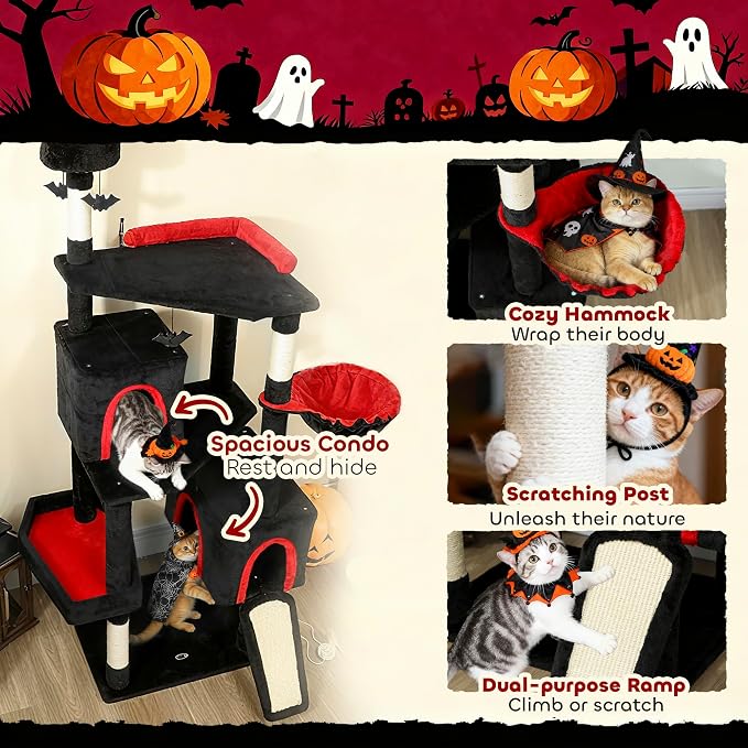 PawHut Gothic Cat Tree, 78" Extra Tall Cat Tower for Indoor Kittens with 2 Spacious Condos, Sisal Scratching Posts, 4 Bat Hanging Balls, Comfy Hammock, Ramp, Bed, Black and Red Halloween