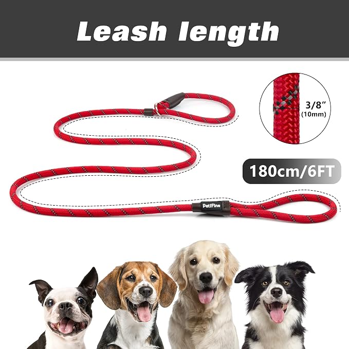 PetiFine Slip Lead - 6FT x 3/8" Reflective Durable Dog Training Leash, Heavy Duty Adjustable Nylon Dog Rope Slip Leash for Small to Large Dogs (Red)