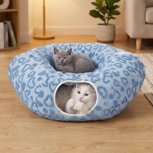Cat Tunnel Bed, Cute Cat Tunnel Toy with Washable Cushion, Fits Indoor Cats up to 25 lbs, Cute Peekaboo Cave Pet Bed for Kittens, Rabbits, Blue Heart
